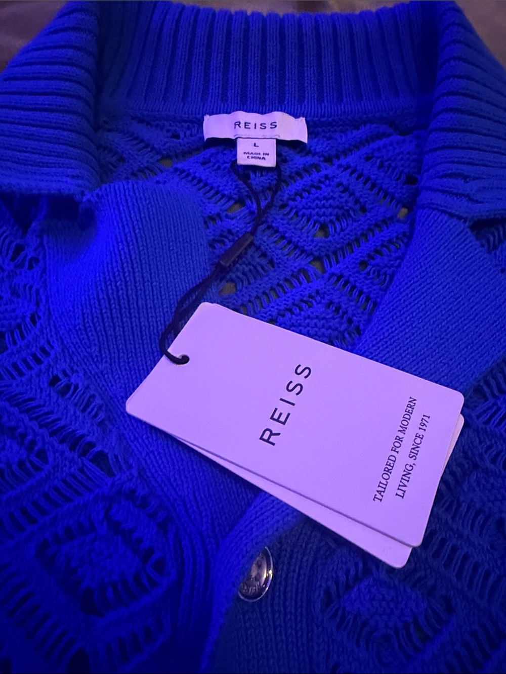 N WT Reiss electric blue crochet large cardigan